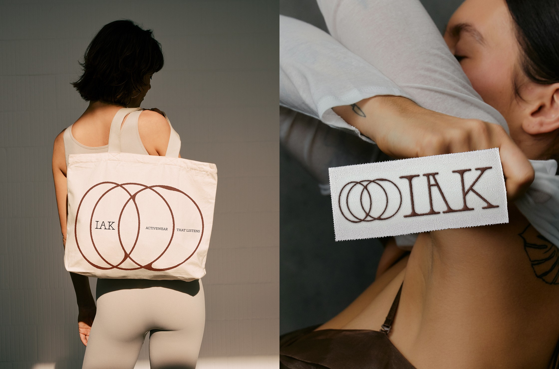 IAK canvas tote bag and woven care label with the wordmark