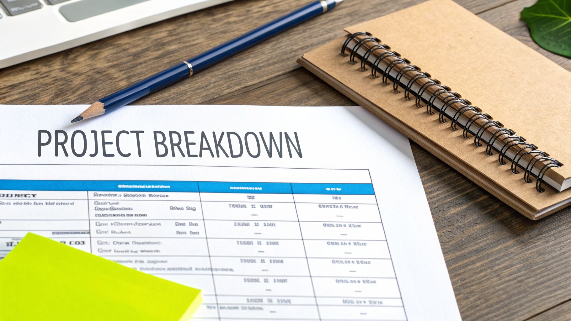 A blue pencil lies on a 'PROJECT BREAKDOWN' document next to a notebook and laptop.