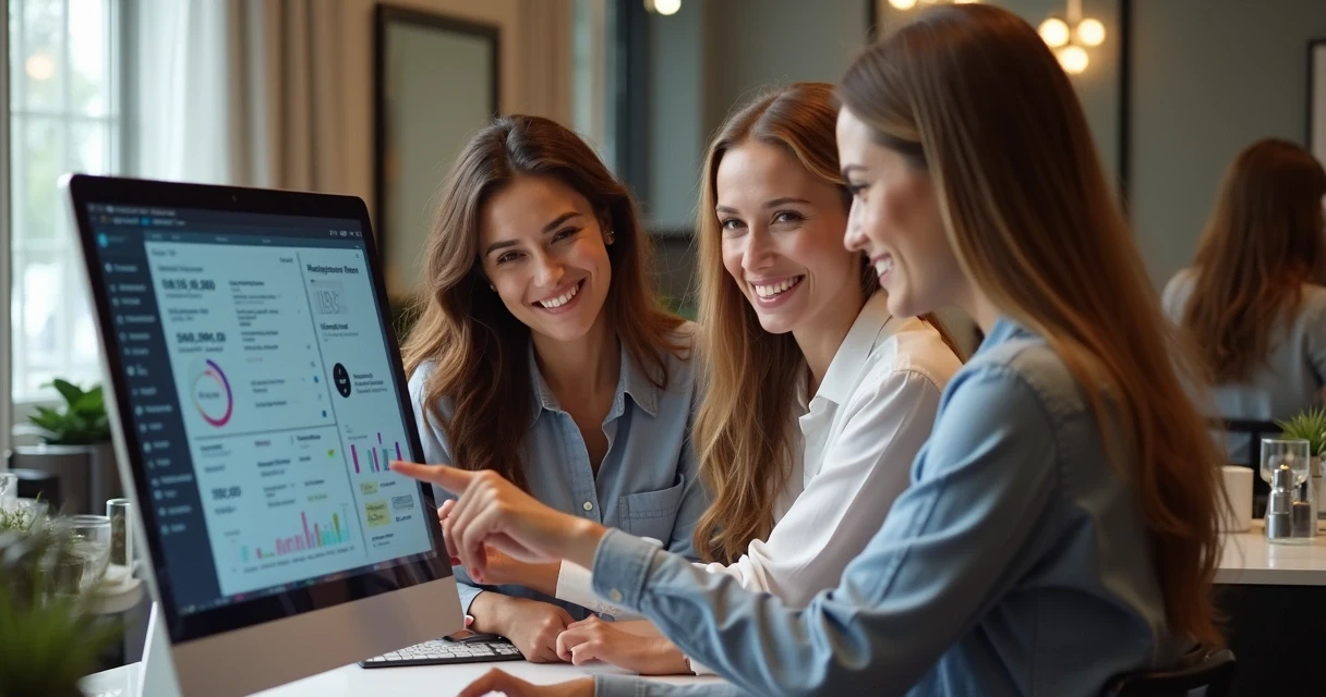 Equipe de salão de beleza se comunicando enquanto conferem dados em computador
