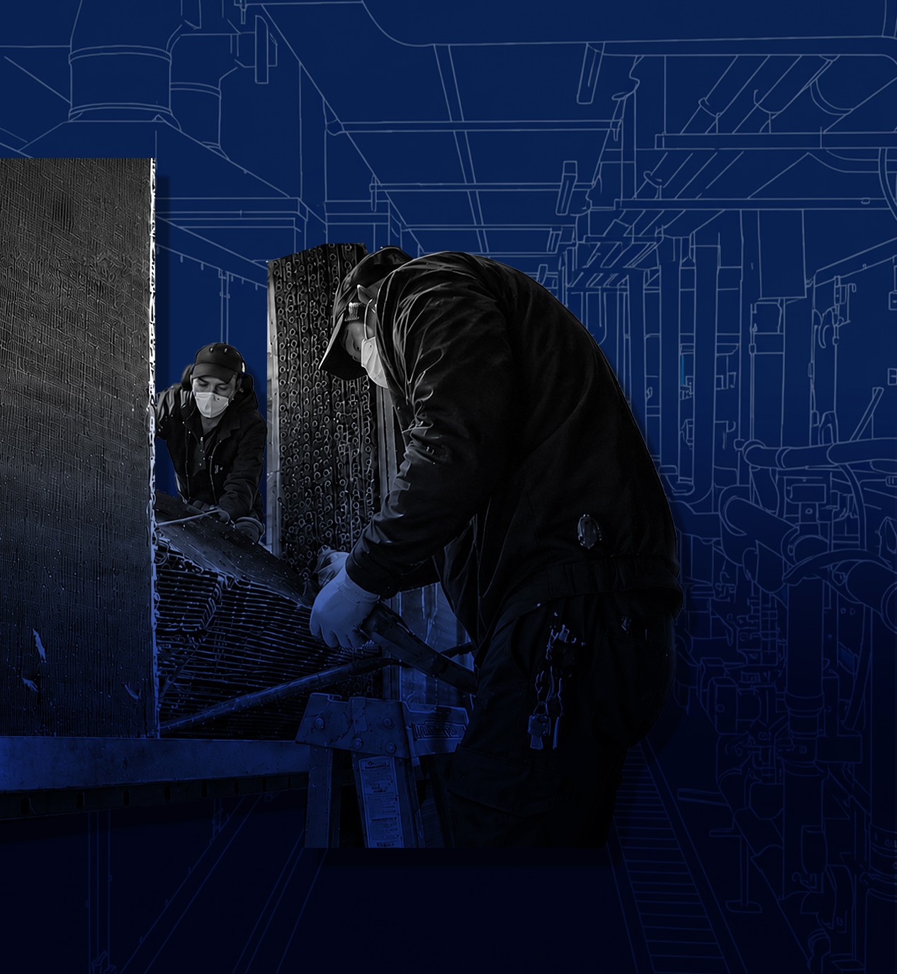 NYC HVAC serviceability checklist — GRR Cooling Experts field technician reviewing mechanical drawings beside fan array system in commercial mechanical room