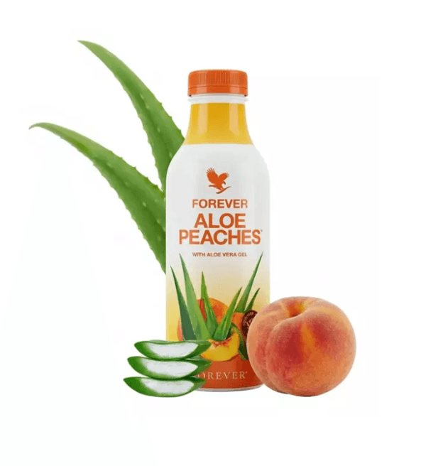 Garrafa do Forever Aloe Bits N' Peaches, suco de babosa com pedaços de pêssego, ideal para toda a família.