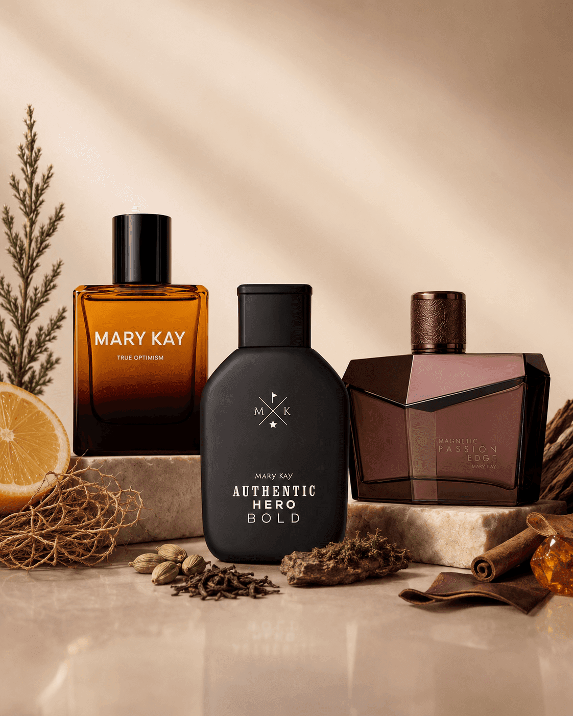 Frascos de fragrâncias masculinas Mary Kay com elementos cítricos, amadeirados e especiados