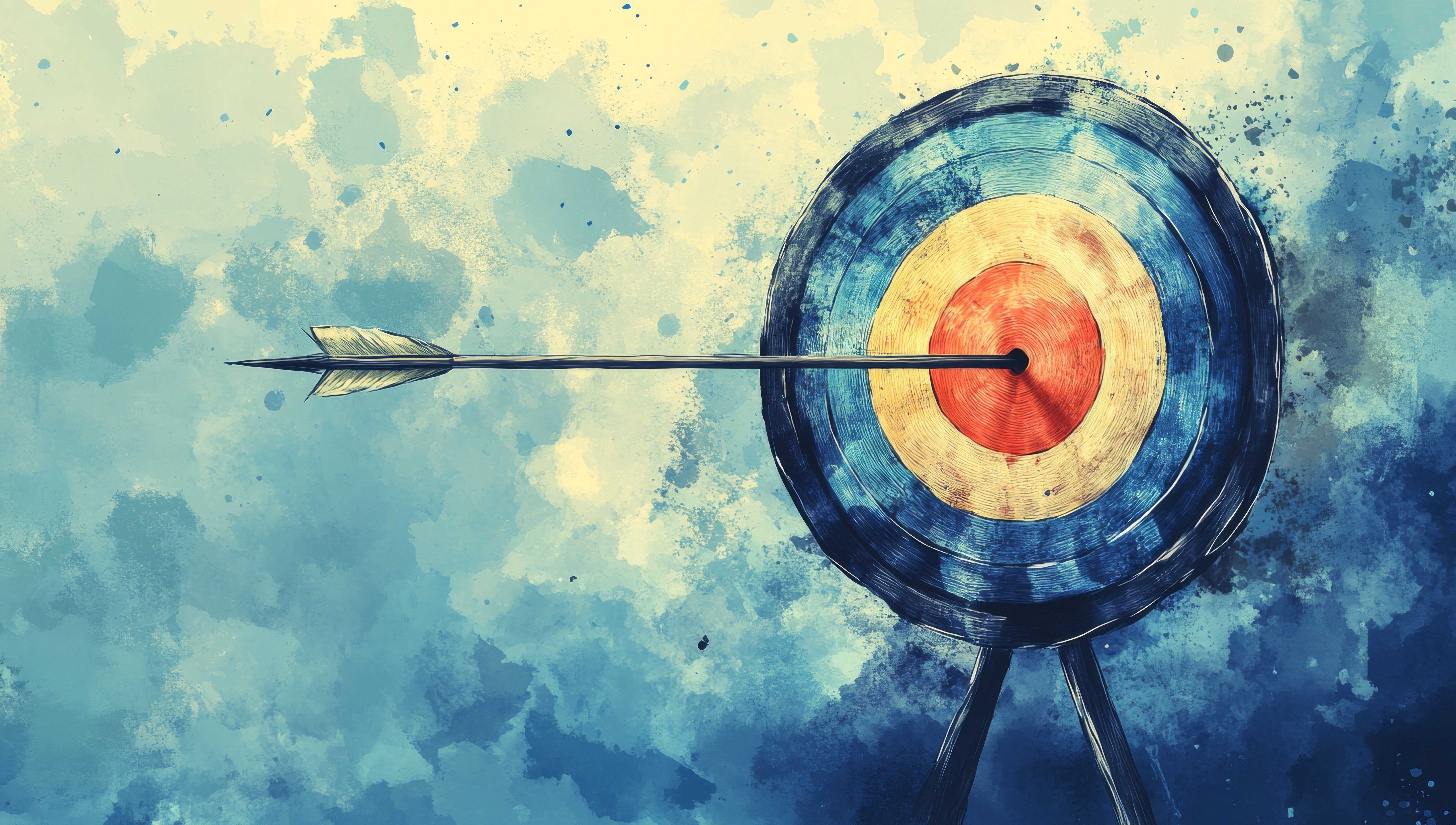 watercolor picture of a bullseye target with an arrow in blue, red, and yellow