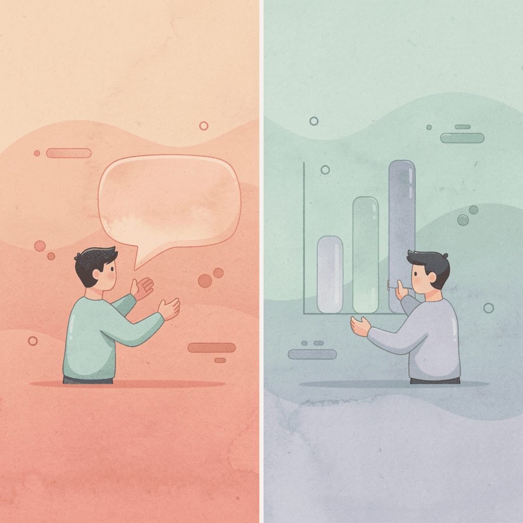 Scene illustration contrasting chaotic manual research with streamlined organized comparison