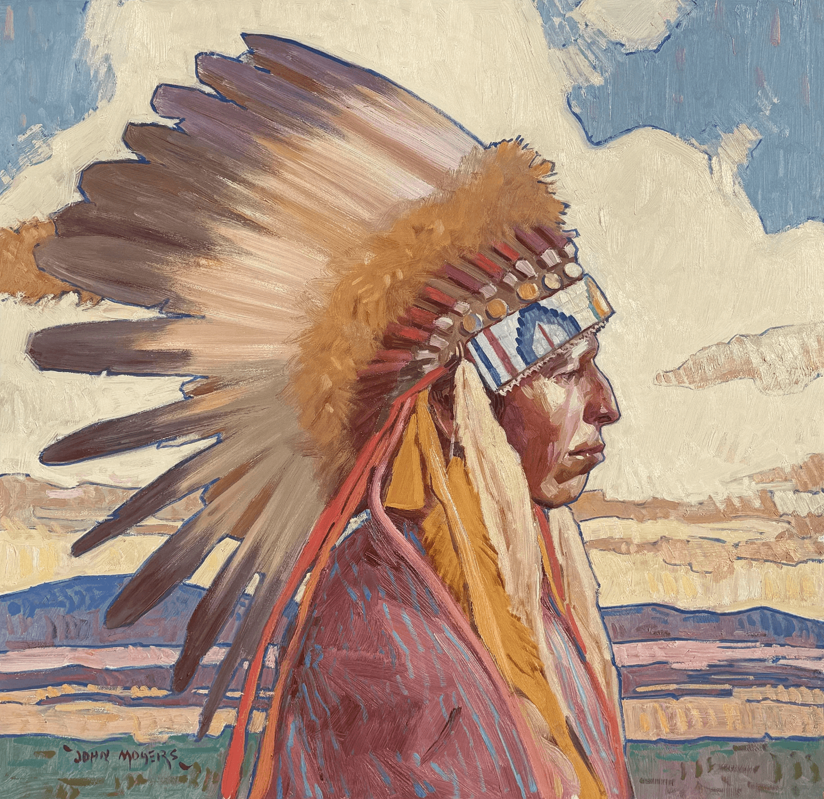 Young woman in colorful robe reads a book.