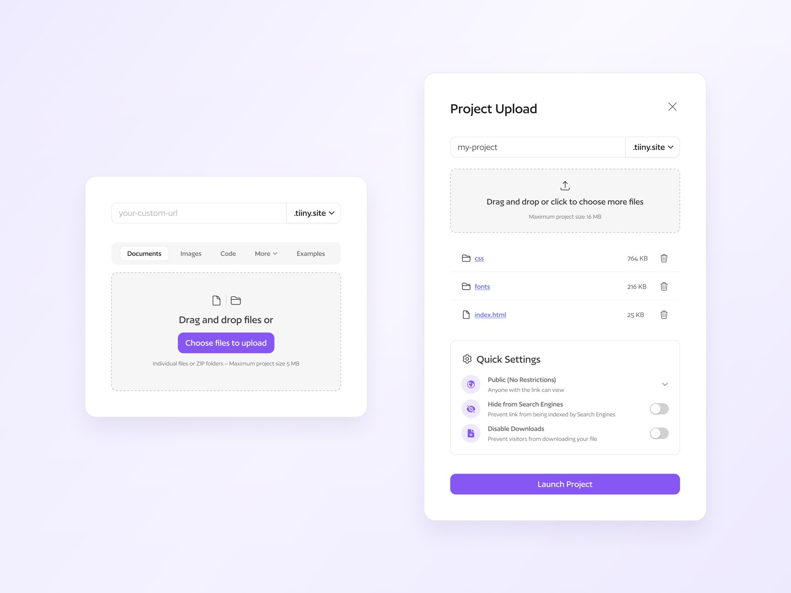 File and project upload modals, one with a drag and drop feature and the other with a list of uploaded files and quick settings