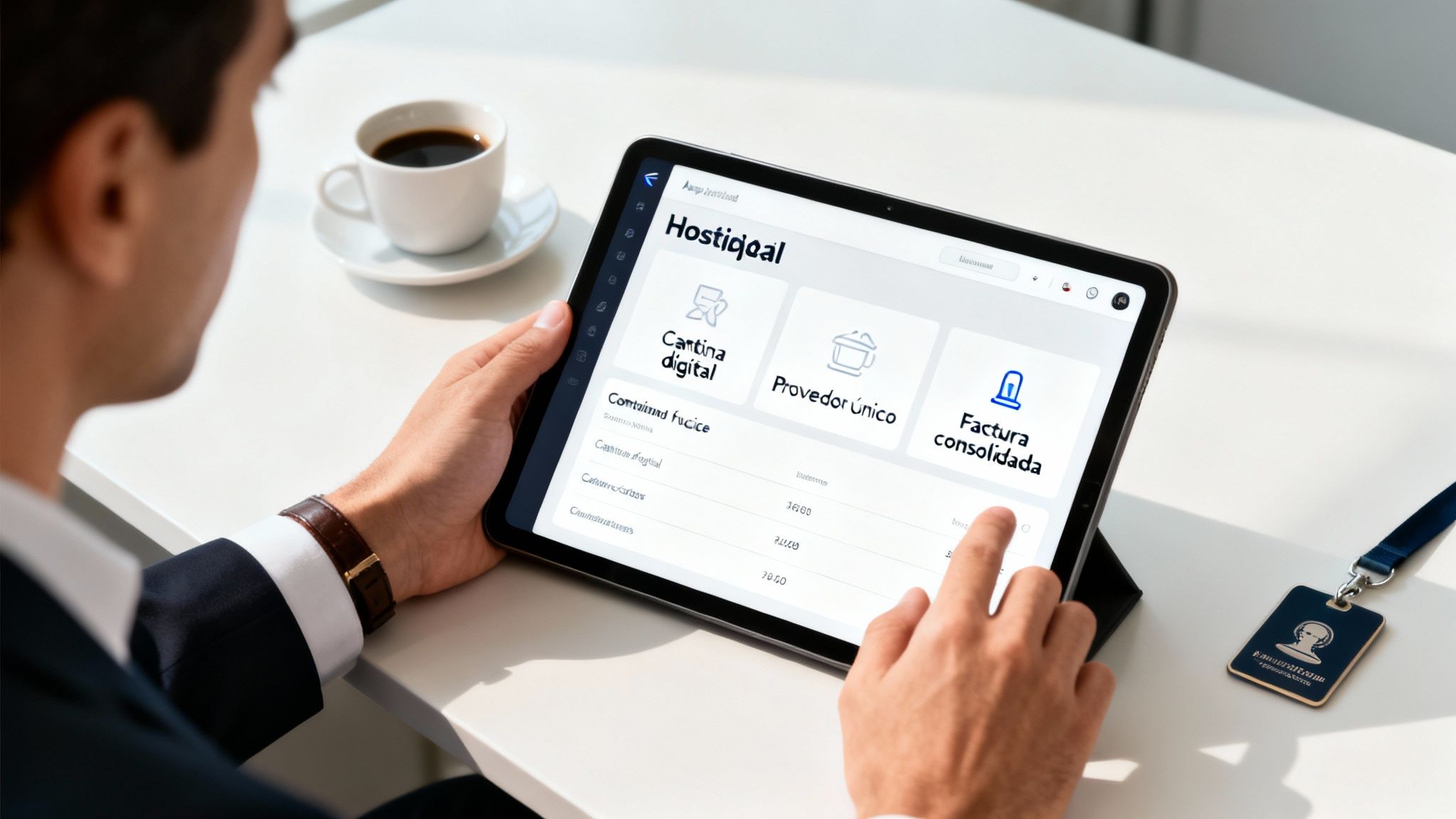 Hombre en una oficina consultando una tablet con una aplicación de gestión empresarial.