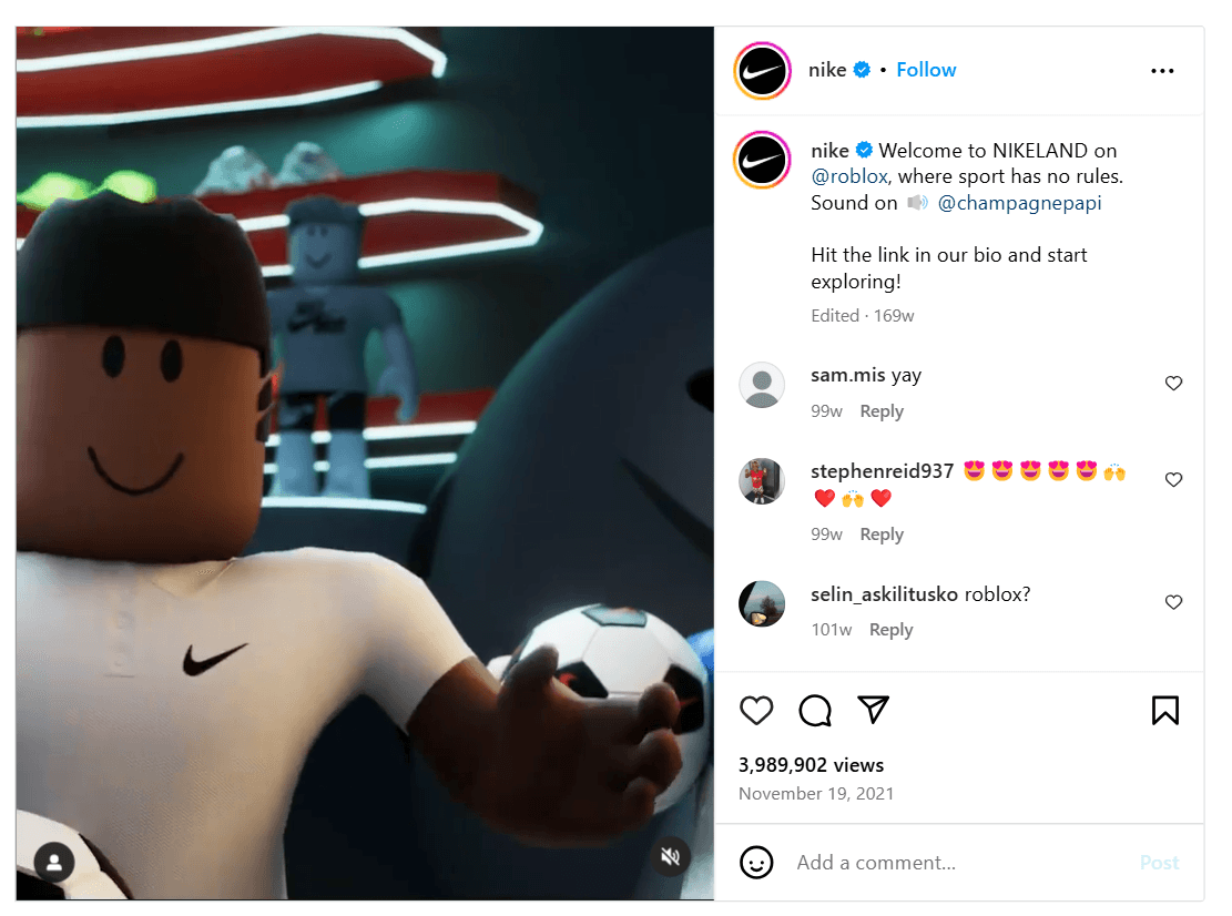 Nike’s Instagram post about Nikeland