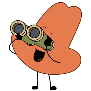 Orange blob-shaped cartoon character smiling while looking through binoculars