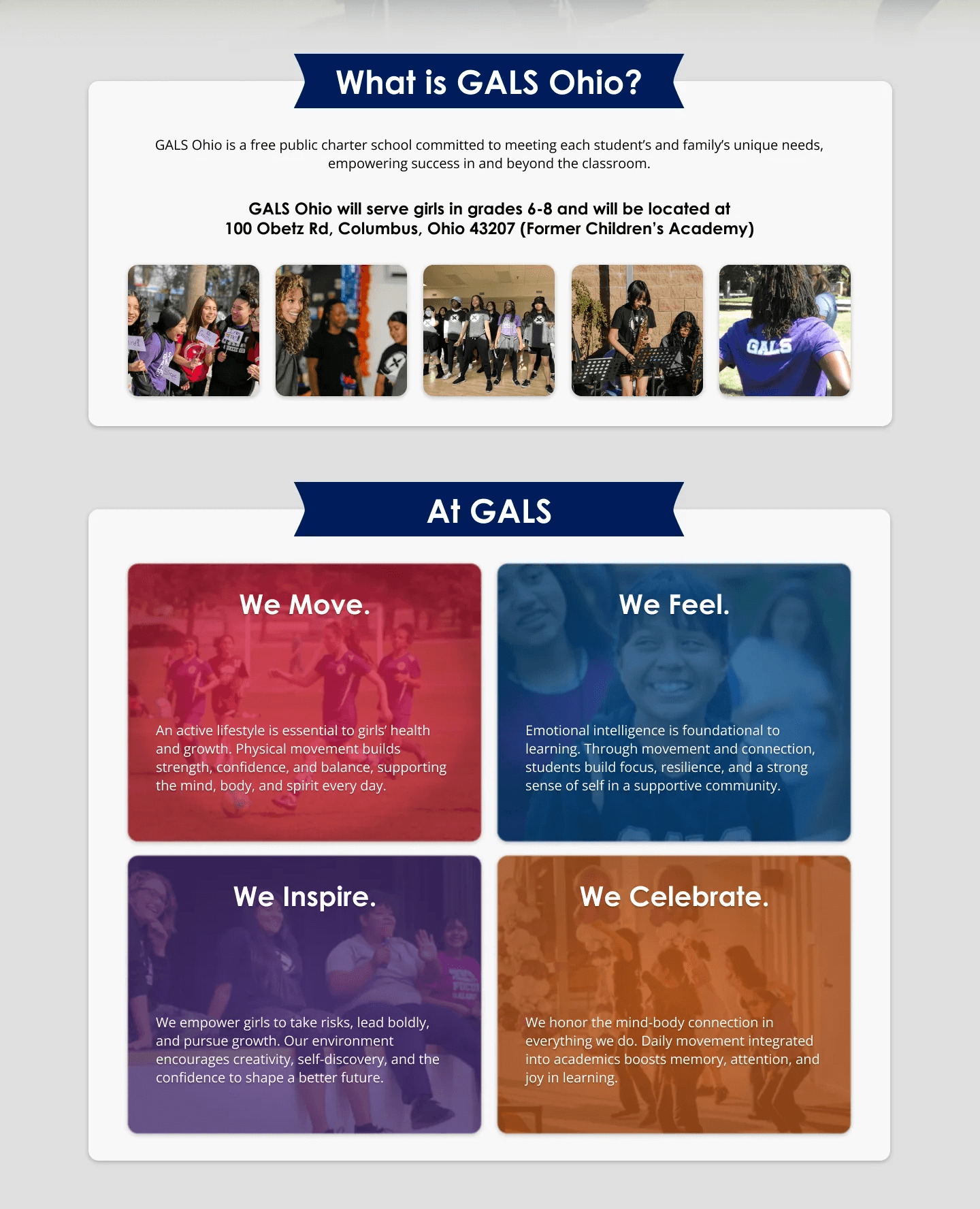 Landing page sections introducing GALS Ohio’s mission, enrollment events, and supporting information in a clear scrolling sequence.