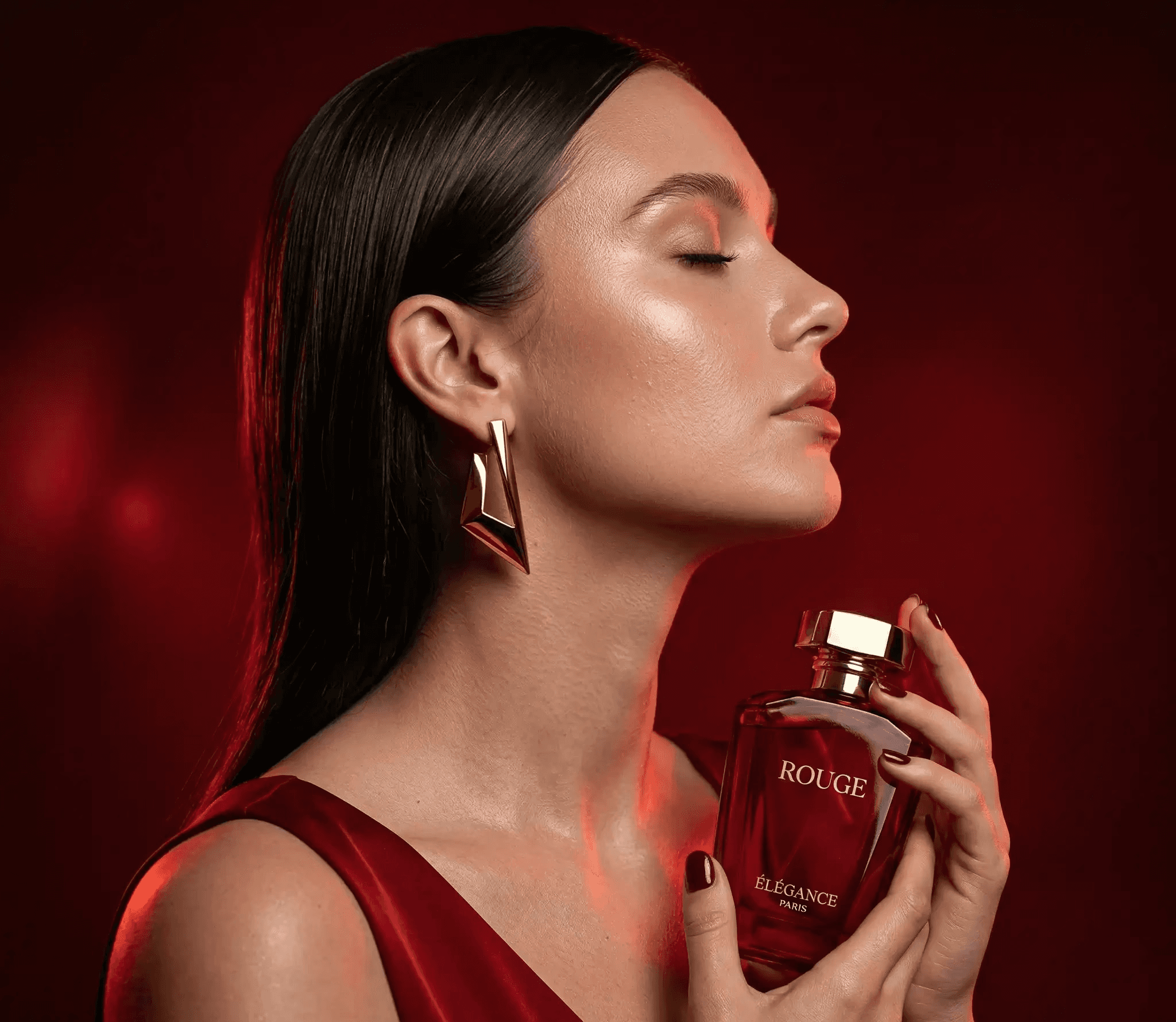 A visual marketing example showing a woman holding a bottle of Rouge Élégance Paris perfume under atmospheric red lighting. This high-end product photography is used to demonstrate luxury brand positioning by Mahindra, a specialist consultant and digital marketing trainer, who analyzes visual content strategies as a marketing trainer.
