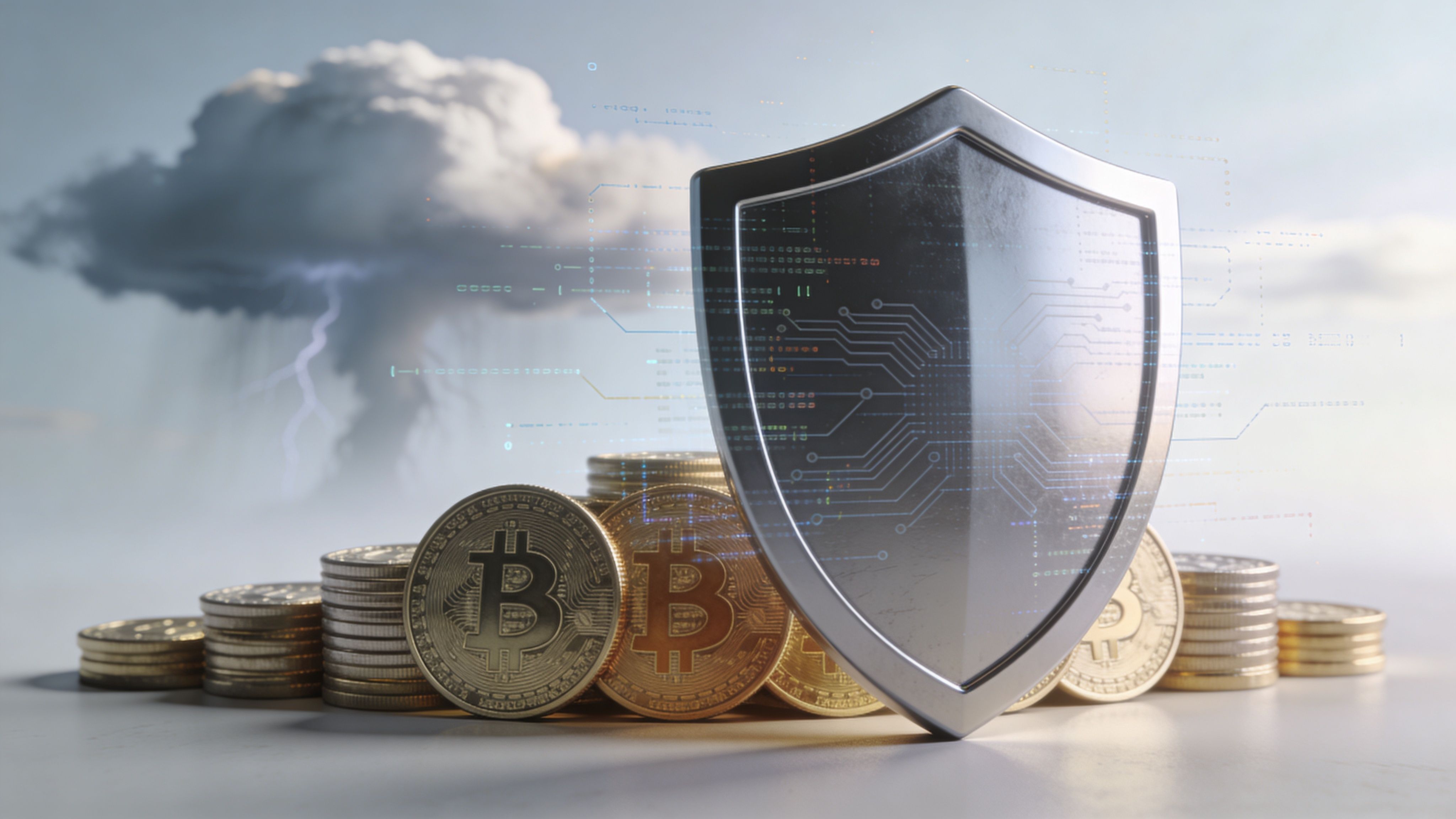 A metallic shield protecting a stack of gold Bitcoin coins against a dramatic storm cloud background.