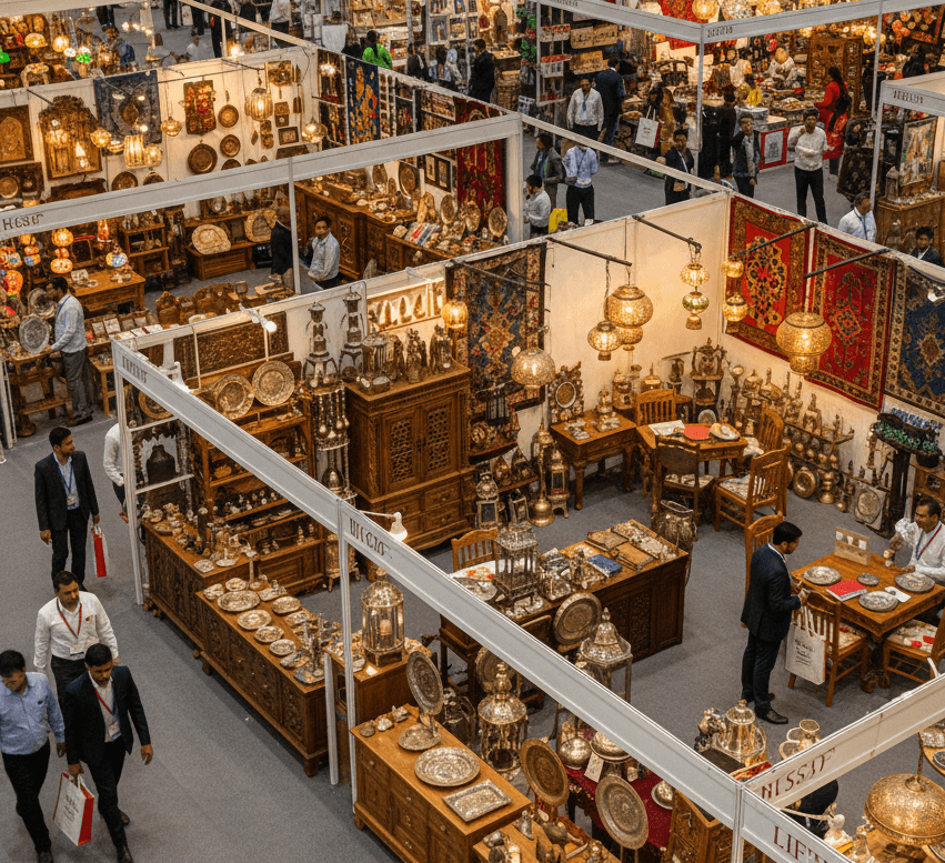 International buyers and Indian exporters networking at IHGF Delhi Fair 2026 using Habsy lead capture and business card manager