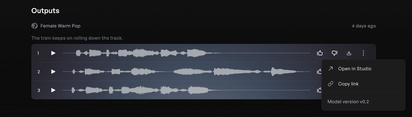 The Kits AI generated outputs with the setting "Open in Studio" selected