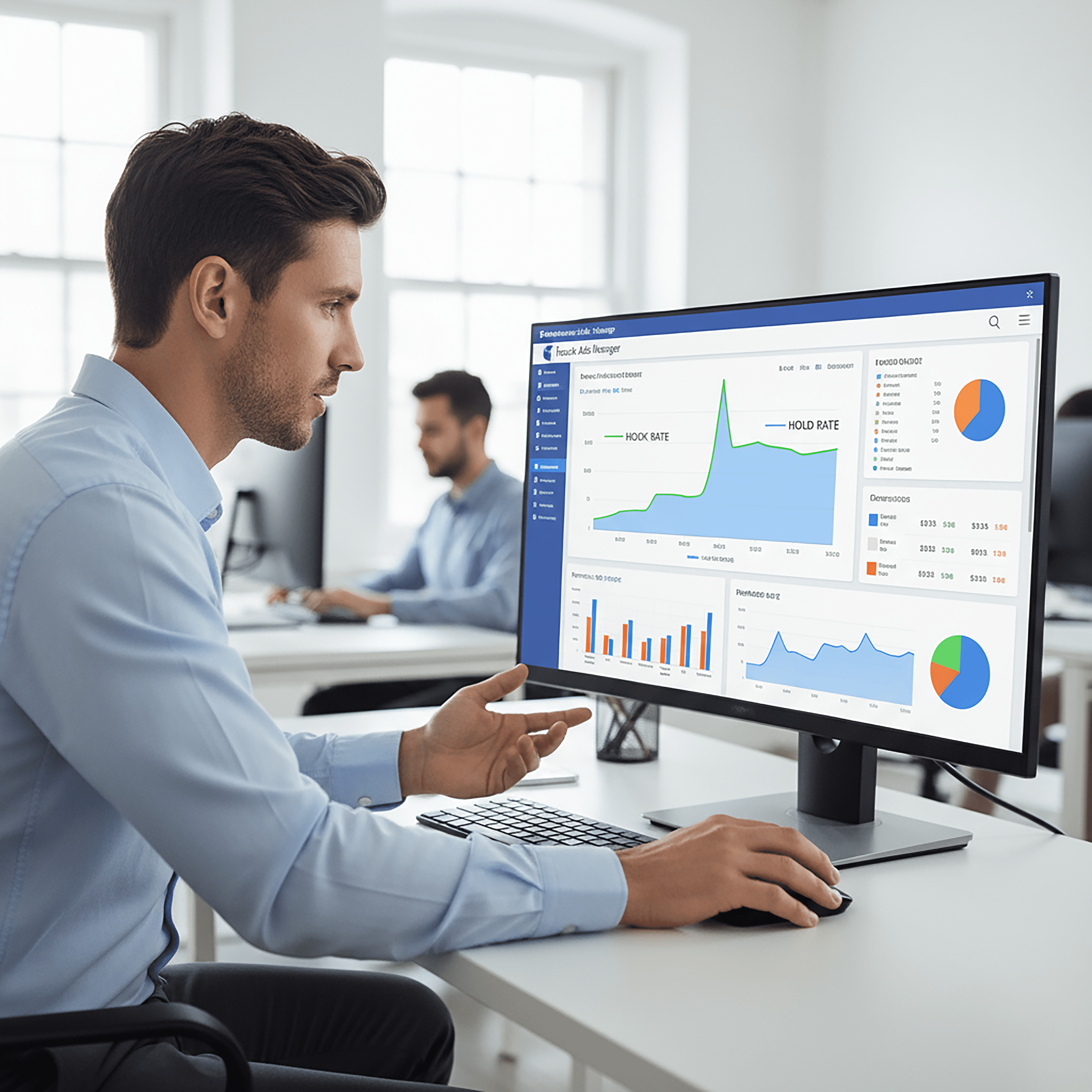 marketer analyzing facebook ad performance hook rate and hold rate