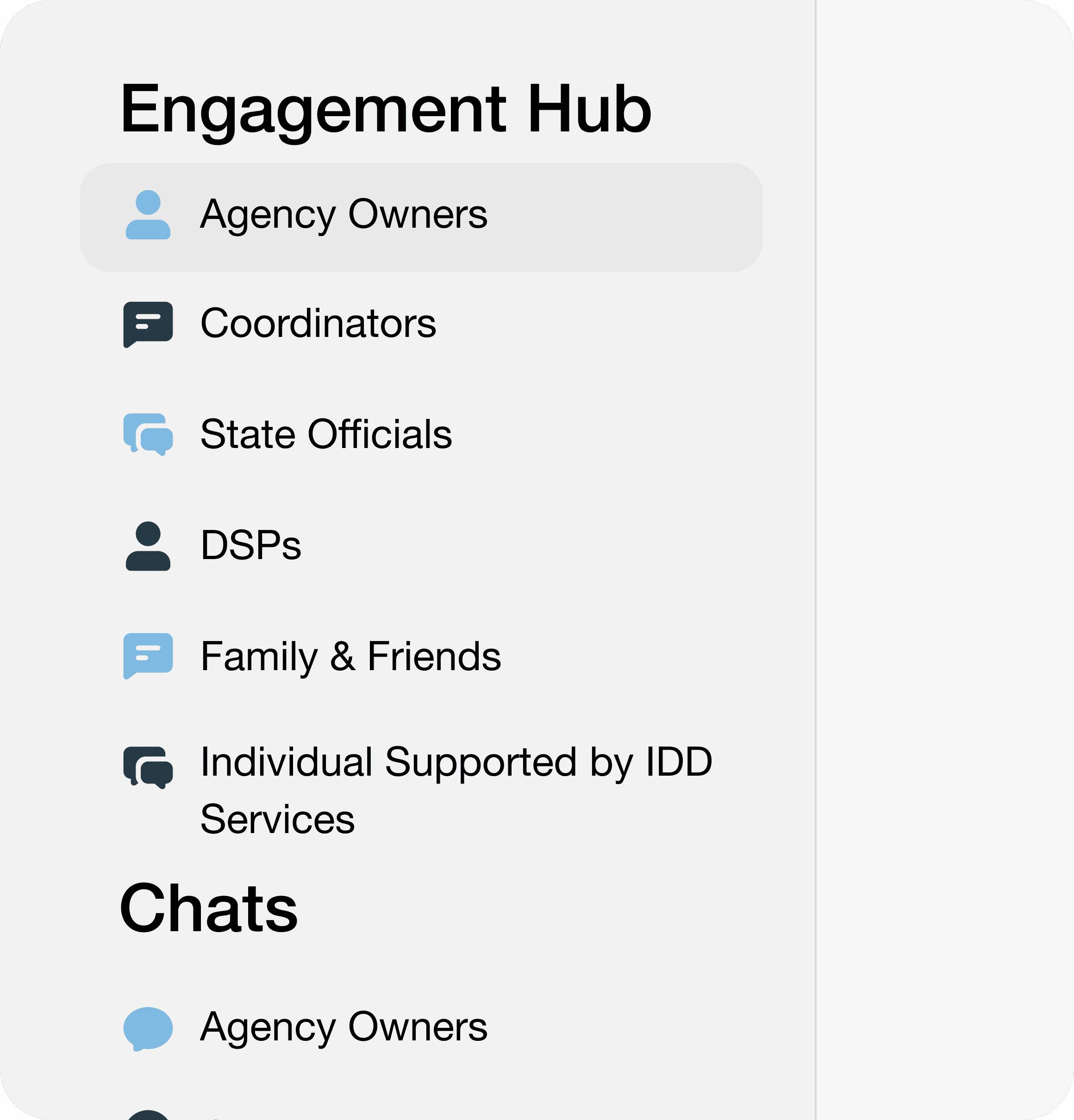 Sidebar of software showing the hubs and chats.