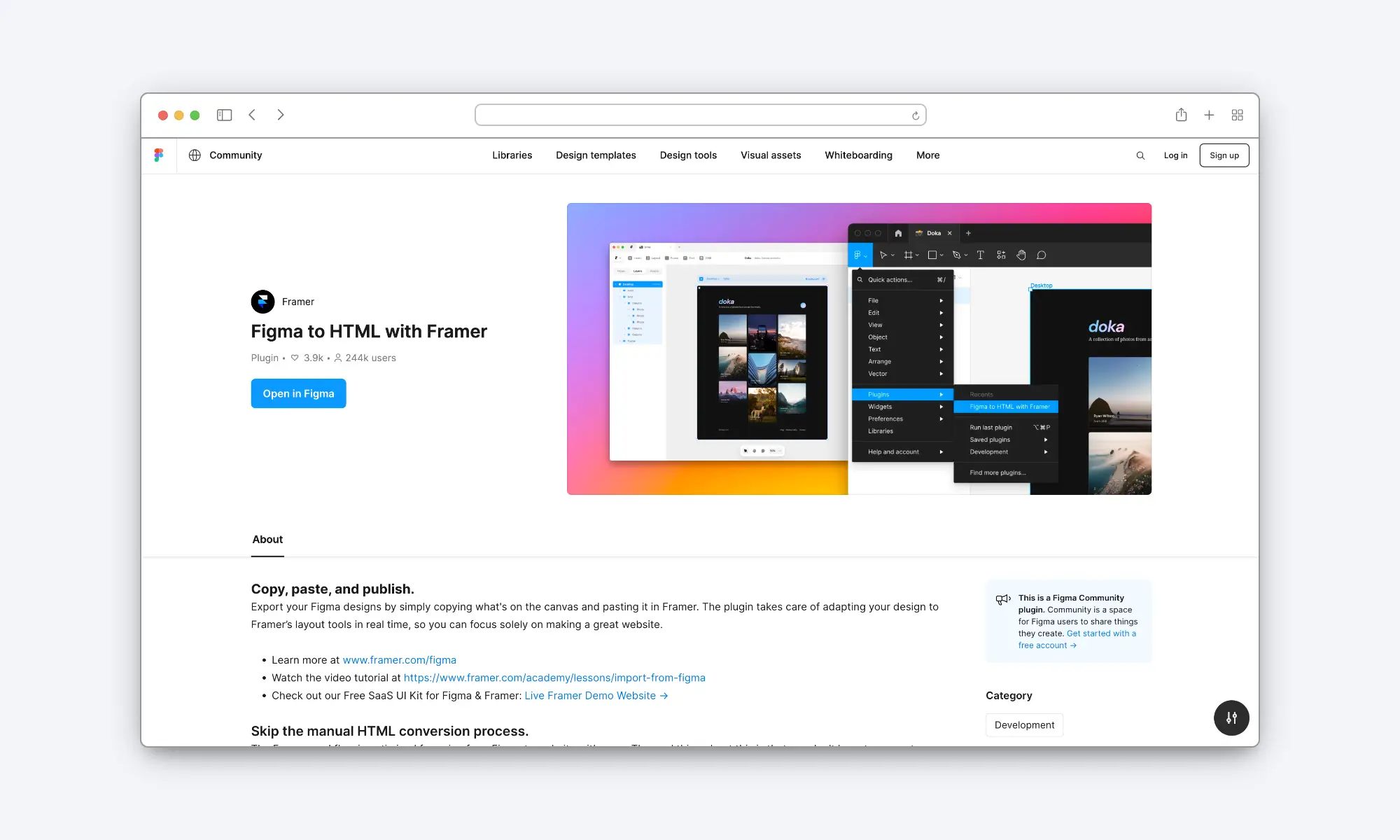 Figma to HTML with Framer plugin download page