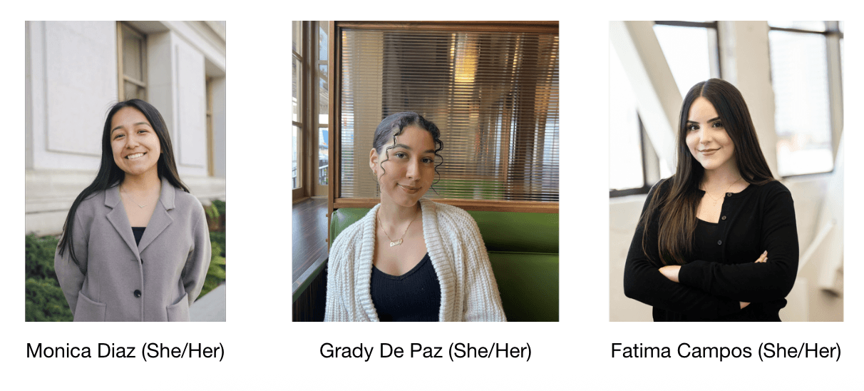 Três pessoas são mostradas em retratos separados: a primeira vestindo um blazer cinza-claro, a segunda com cabelo cacheado e um suéter branco em um estande, e a terceira com roupa preta e braços cruzados, todas sorrindo com confiança.