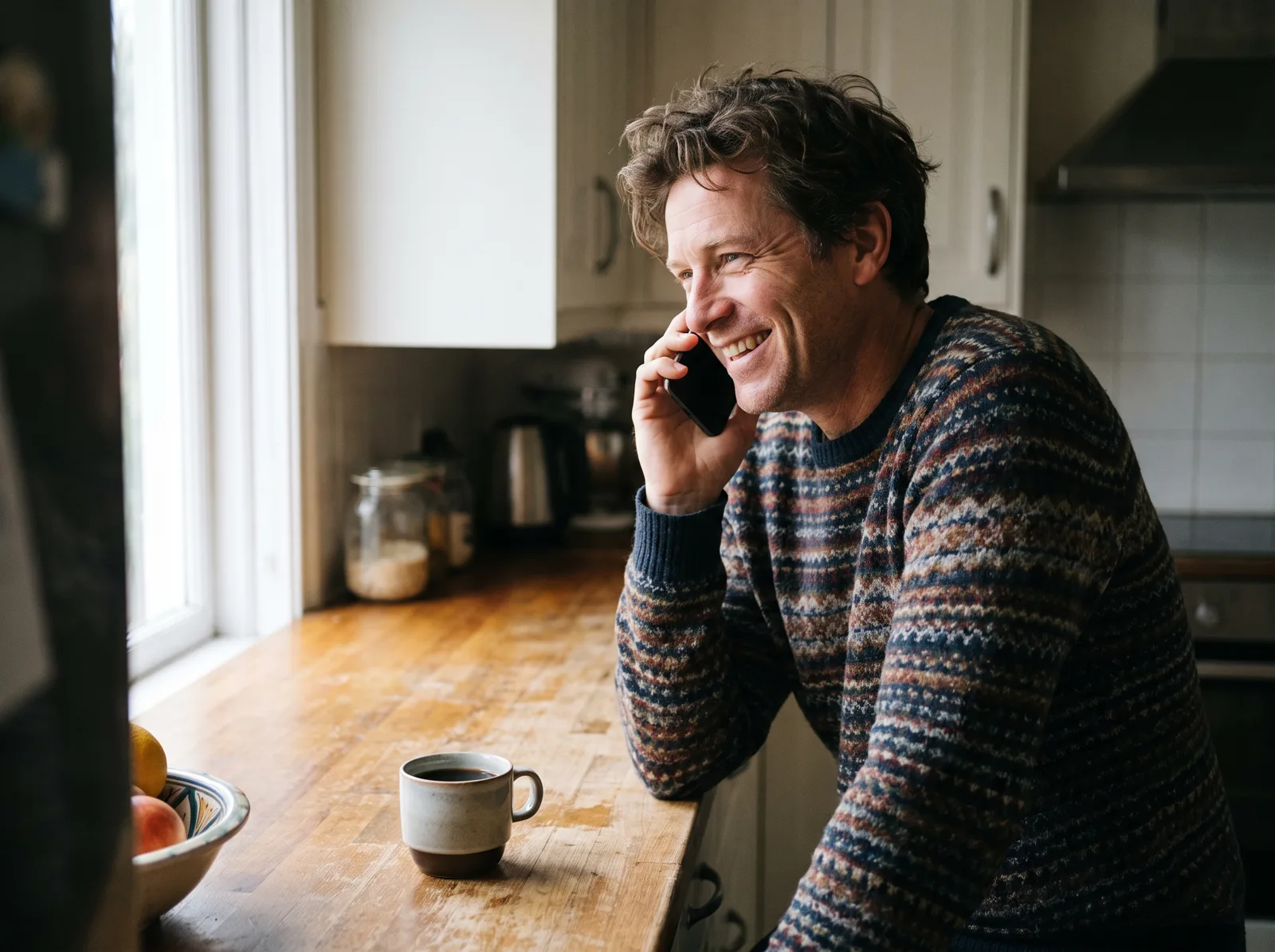 Rob chatting on the phone in his kitchen