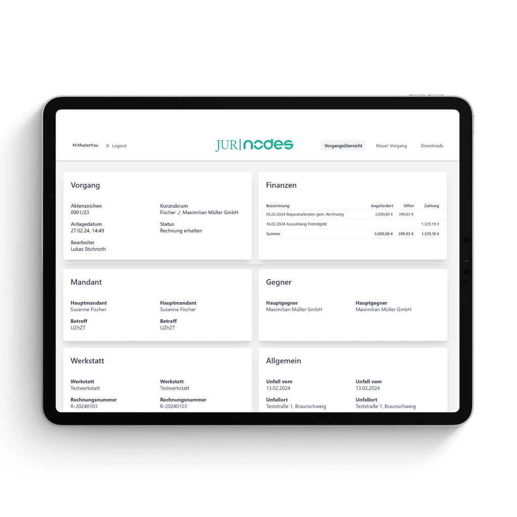 Mandantenportal in jur|nodes auf Tablet quer