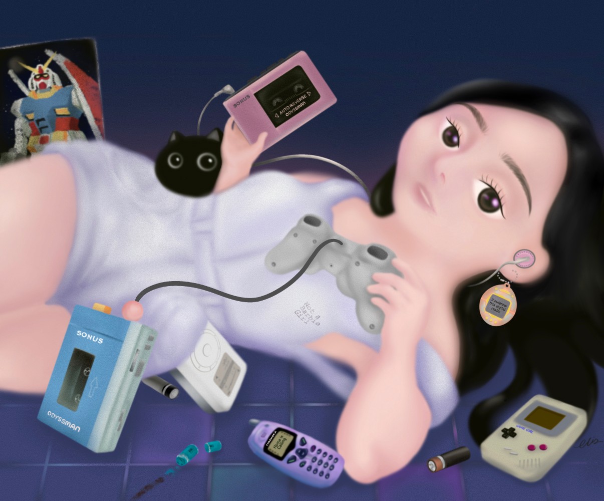 bylittleelise digital artwork inspired by human emotion mythology and nostalgia A cartoon character lounges surrounded by various retro gadgets, with a playful expression and colorful background.