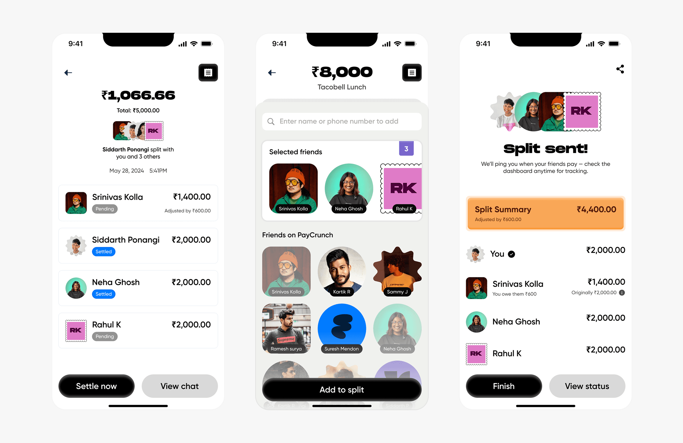 Mobile app interface displaying a bill-splitting feature, with a list of contacts and amounts next to each name, along with options to add contacts and finalize the split for easy expense management.