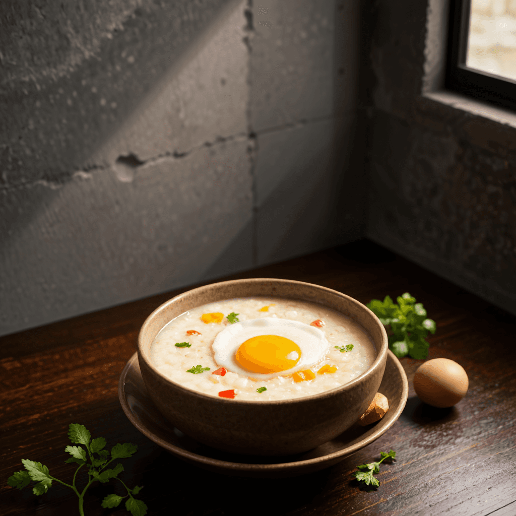 product photography of bowl of creamy rice porridge with egg and vegetables