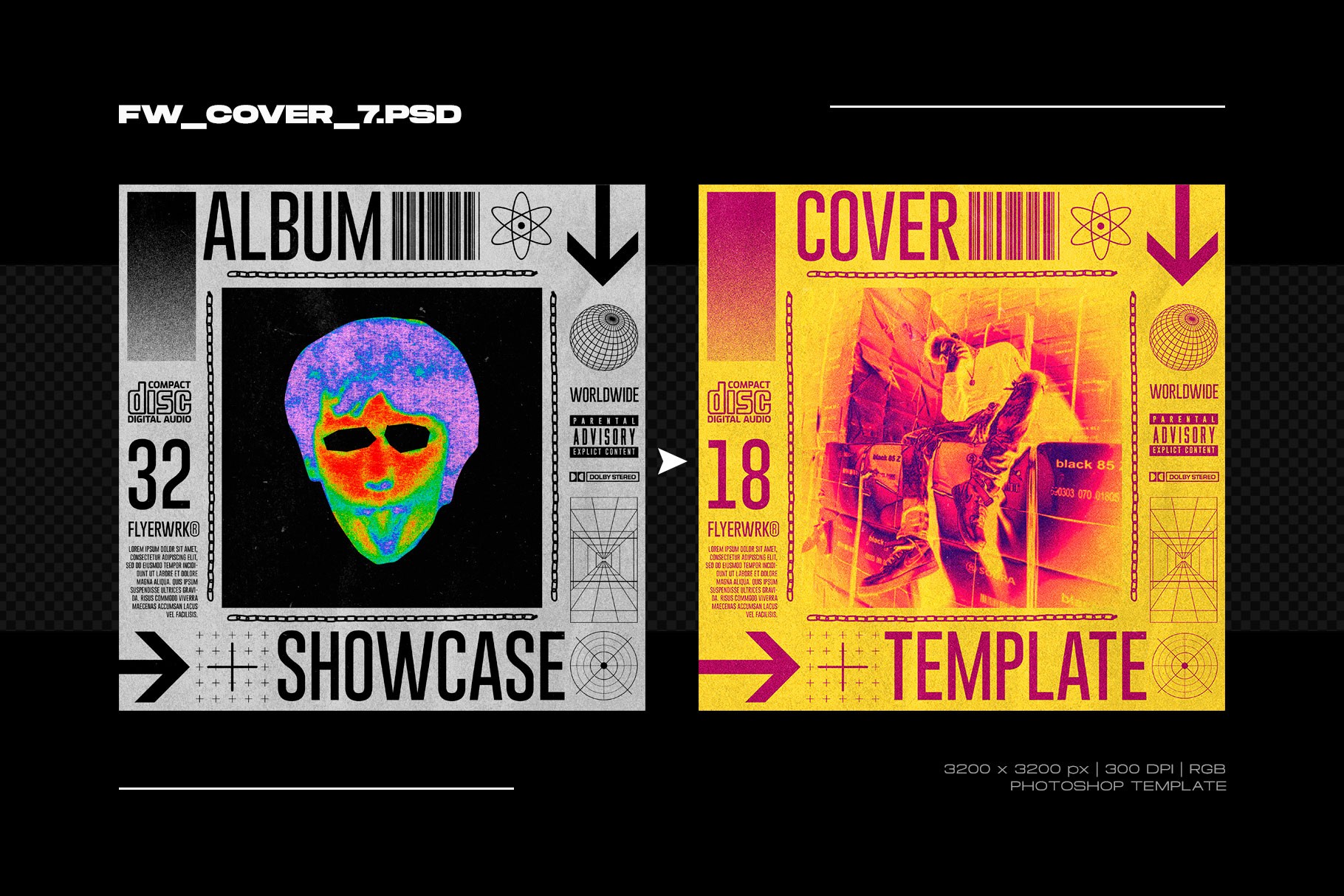 Retro album cover design with thermal heat map face scan and industrial typography elements