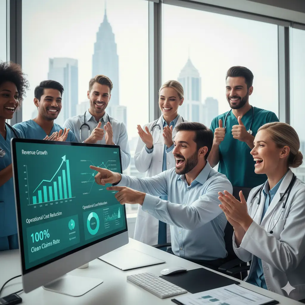 A talent recruiter with a soft smile working on her laptop in the office. The angle is on her face so we can't see what's is on the screen. She is wearing a blazer