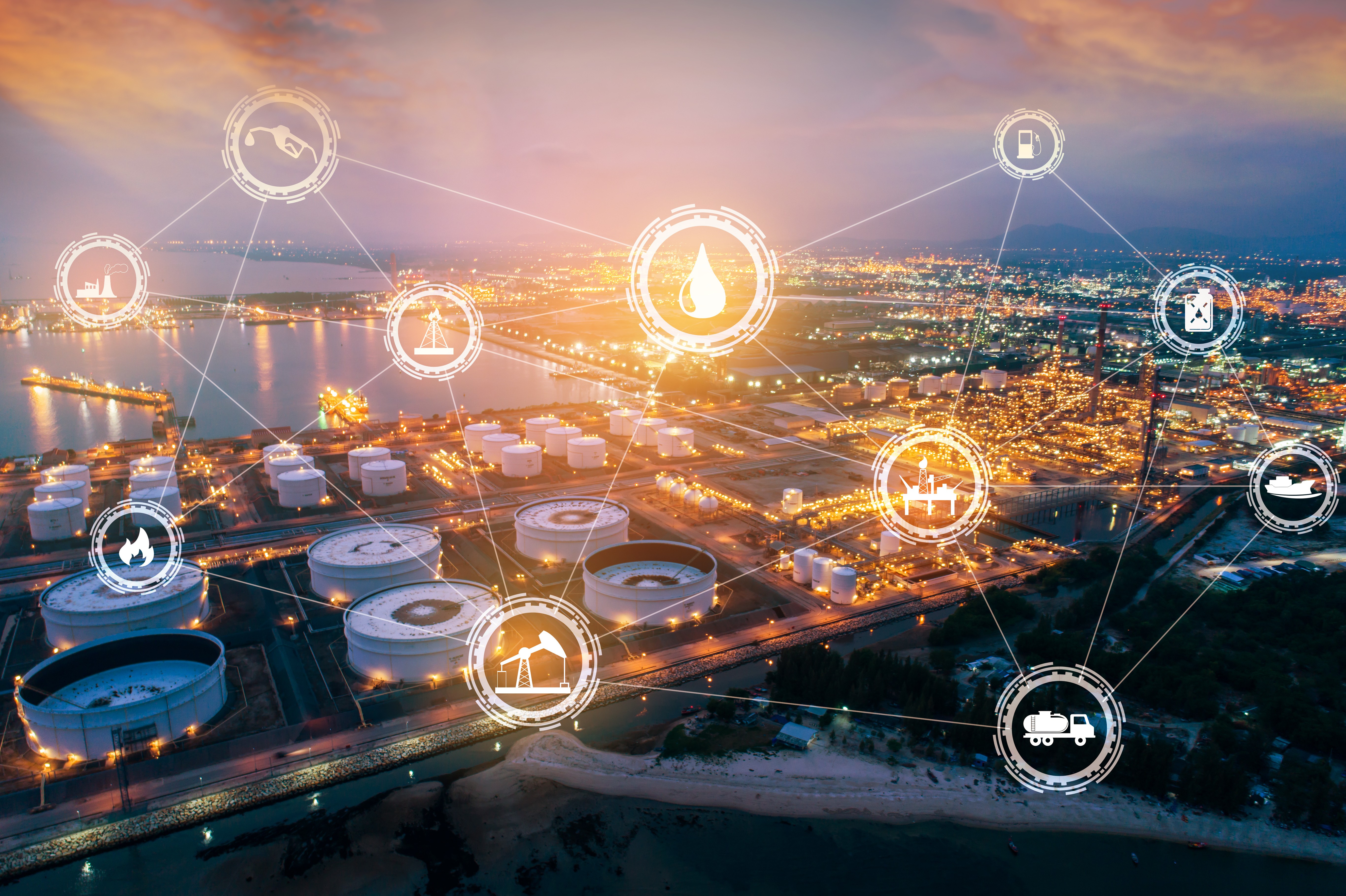 Oil refinery with physical system icons diagram on industrial factory.