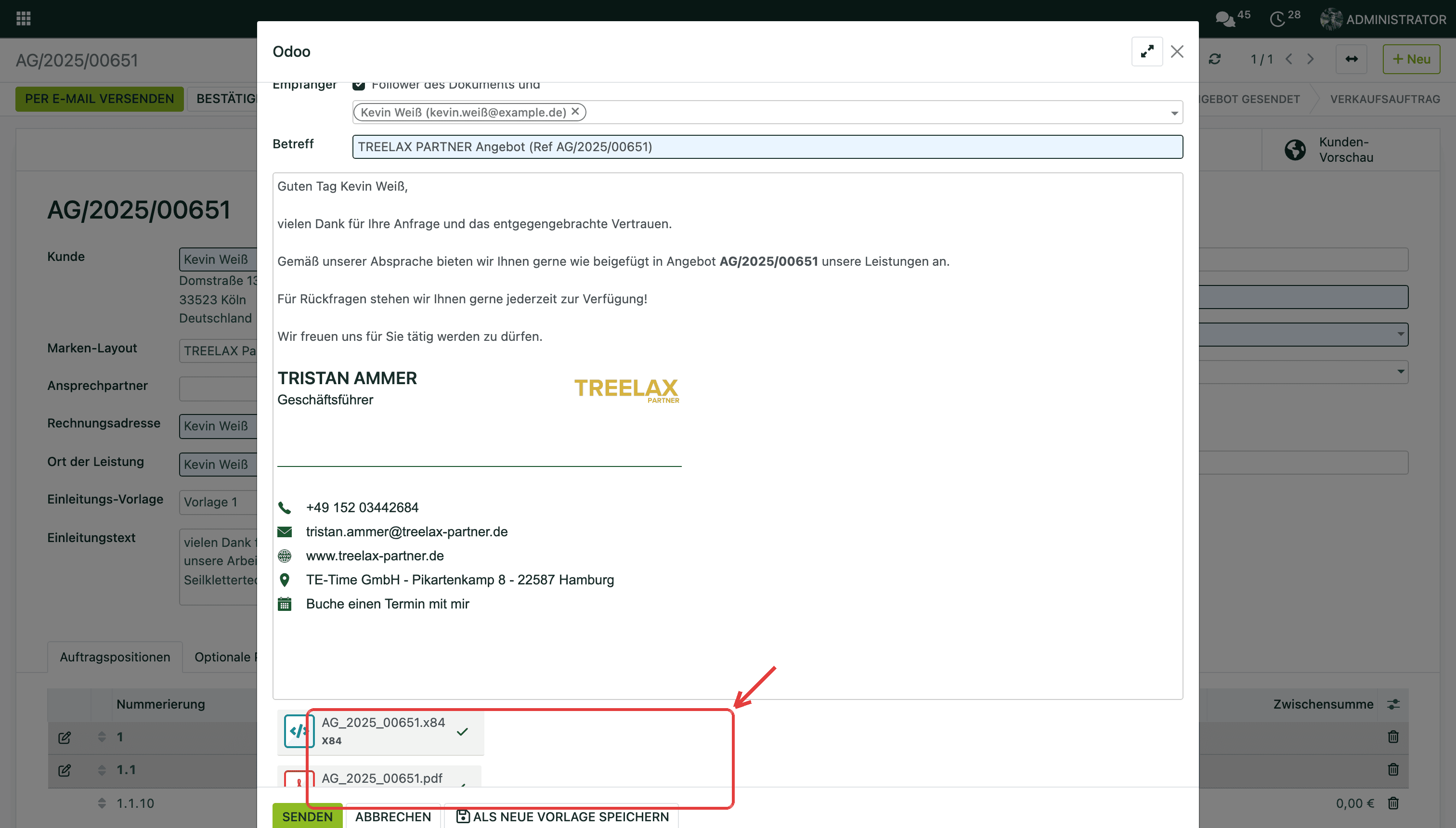 Beim Versand hängen die Dateien unten am Dialog. Dort legst du die Belehrung dazu.