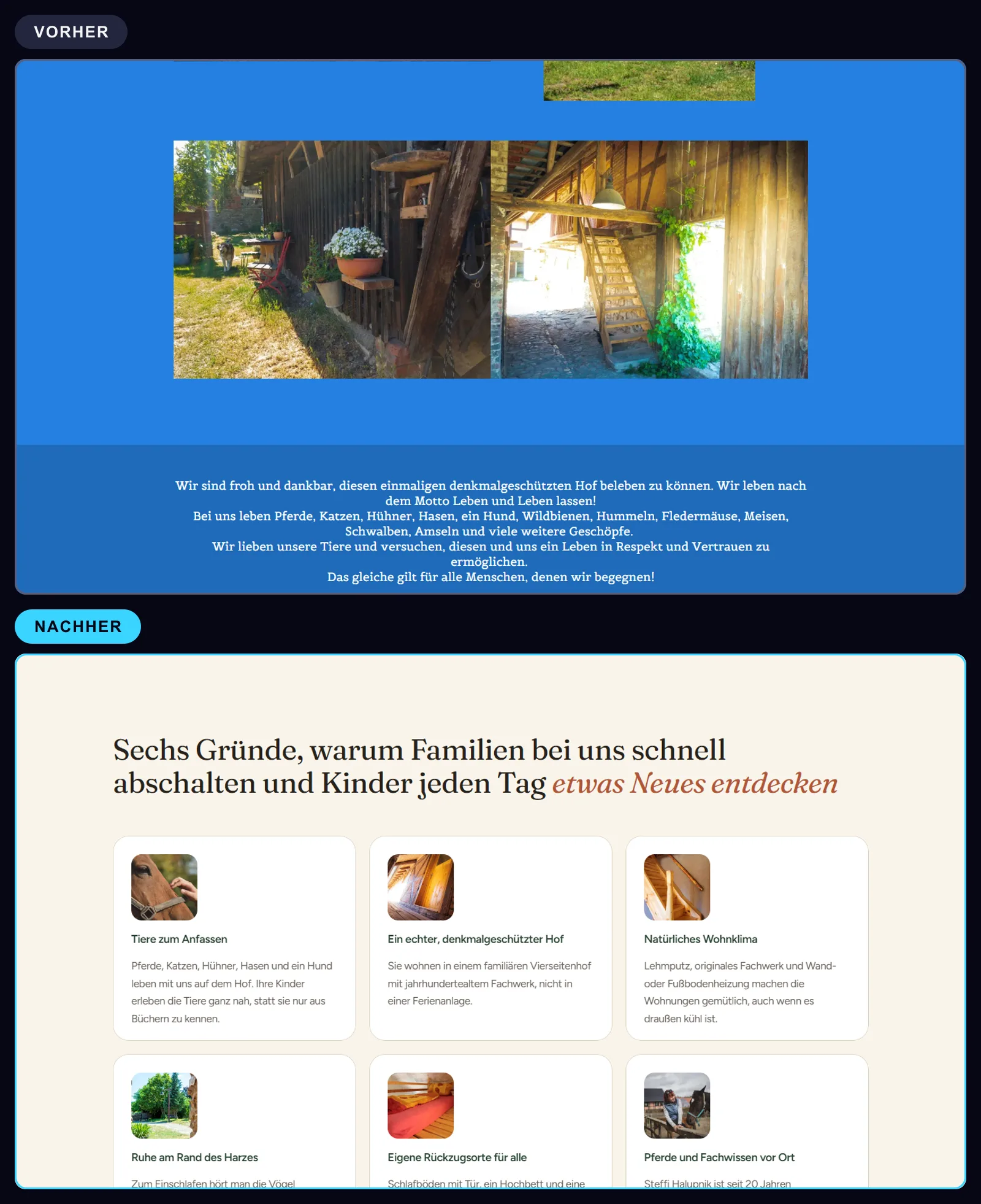Vergleich für Familien: oben Text und Fotos mit der Überschrift Der grote Hoff ohne Nutzen, darunter die Sektion Sechs Gründe mit Nutzen für Kinder und Eltern.