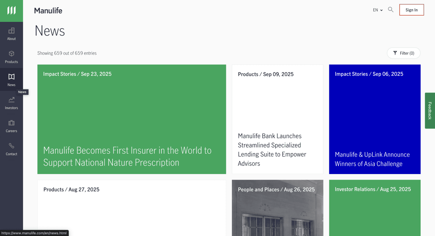 Manulife.com news listings page