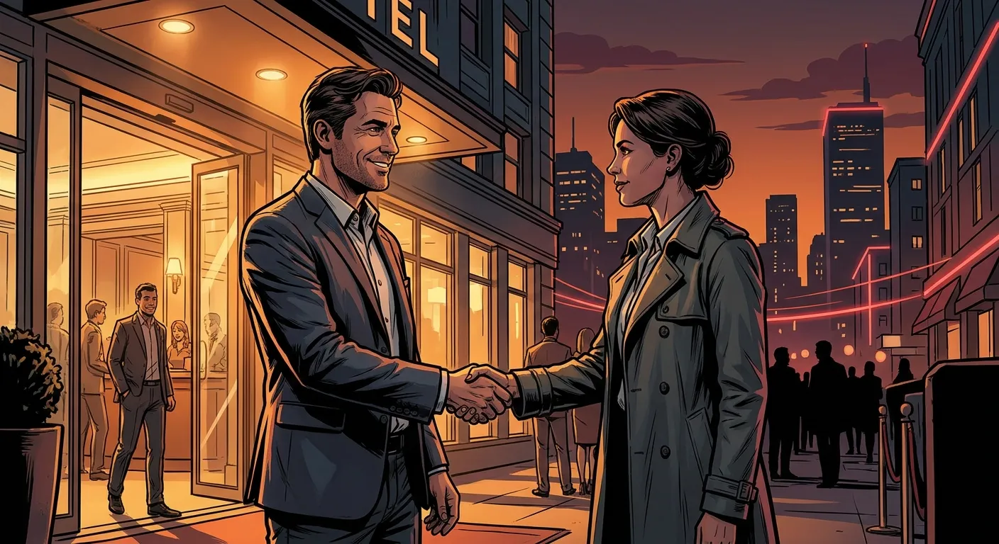 Handshake outside city hotel at sunset, RockN' Socials Digital Marketing Agency.