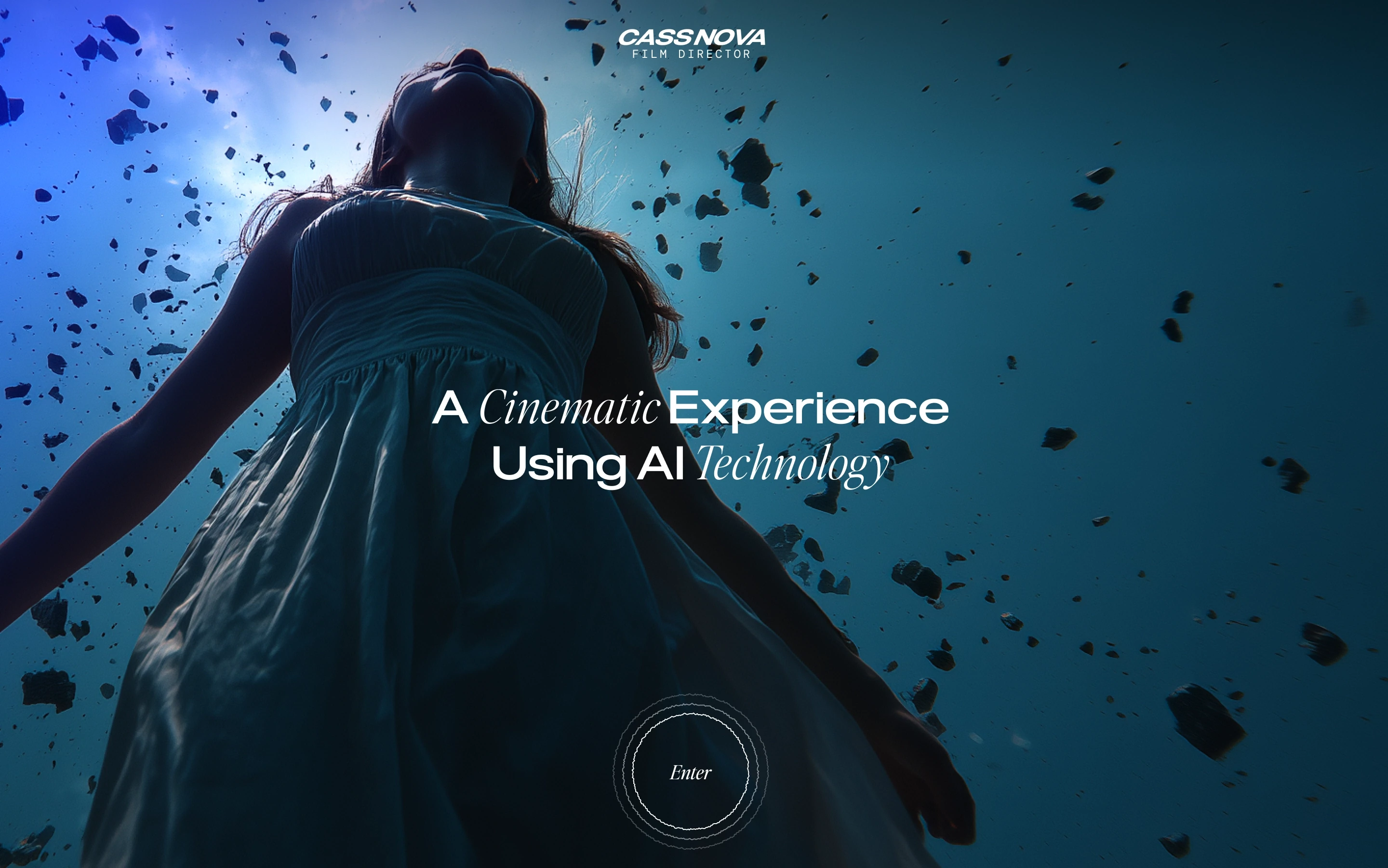 Backlit woman in a flowing dress reaches into a blue, debris-filled scene, evoking mystery; text reads “A Cinematic Experience Using AI Technology.”