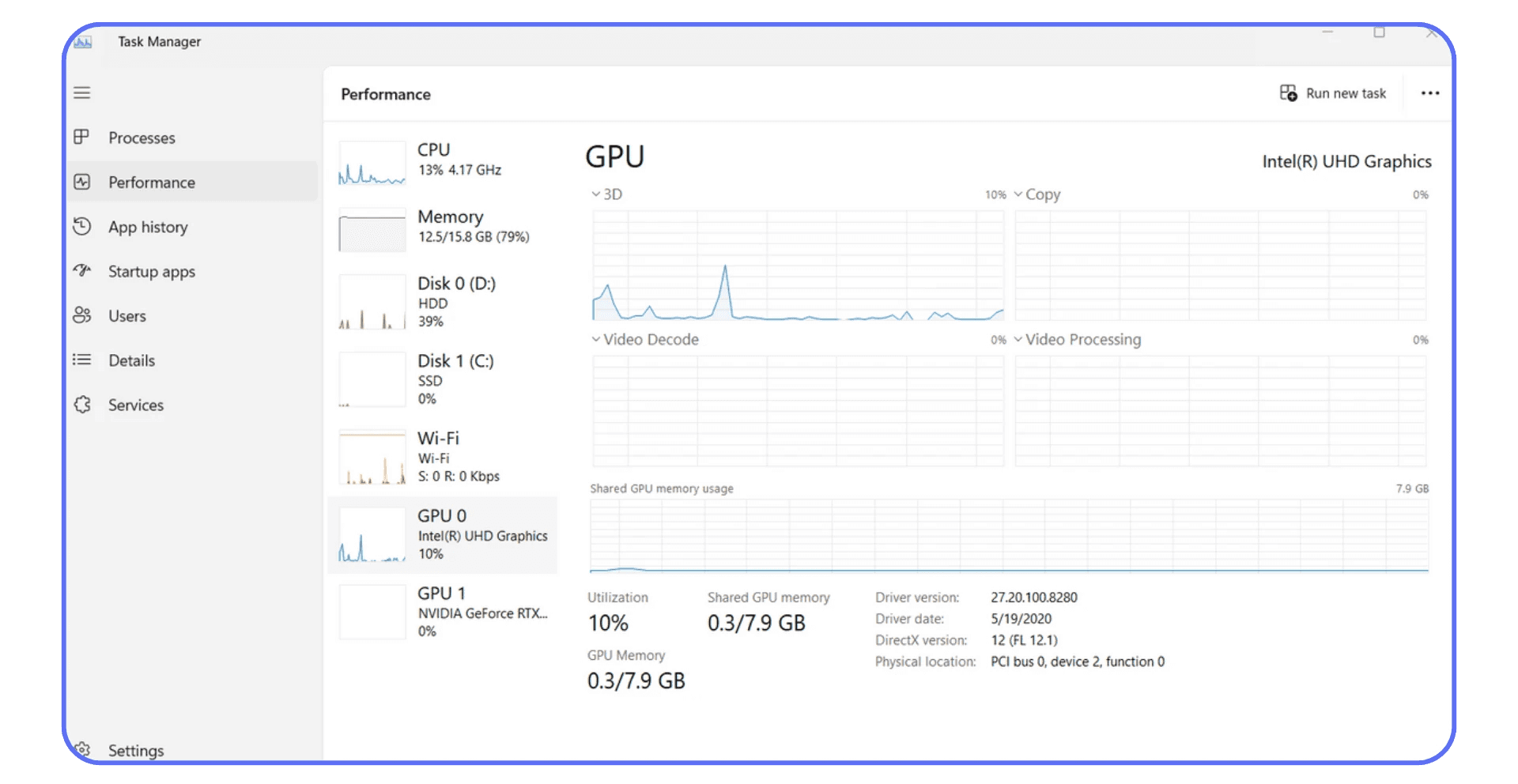 Windows Task Manager performance tab displaying Intel UHD Graphics and NVIDIA GeForce RTX GPU usage metrics.