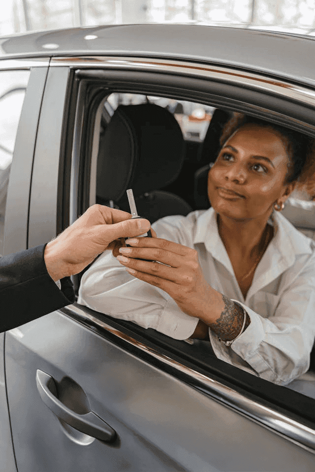 Une femme assise dans sa voiture tend des clés à un professionnel de Magic Car