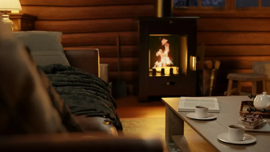 Cabin interior with a lit wood stove and a set table
