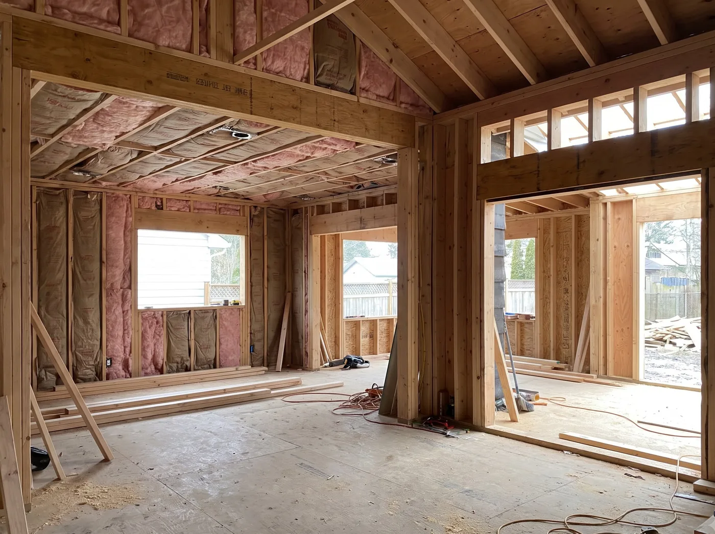 A timber-framed room under construction