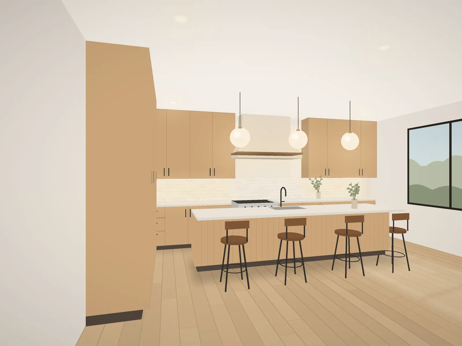 Kitchen with a long island, pendant lights and oak cabinets