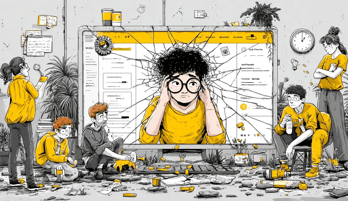 Illustration représentant un site web cassé entouré de personnages désorientés, symbolisant les conséquences d’un site pas cher mal conçu.