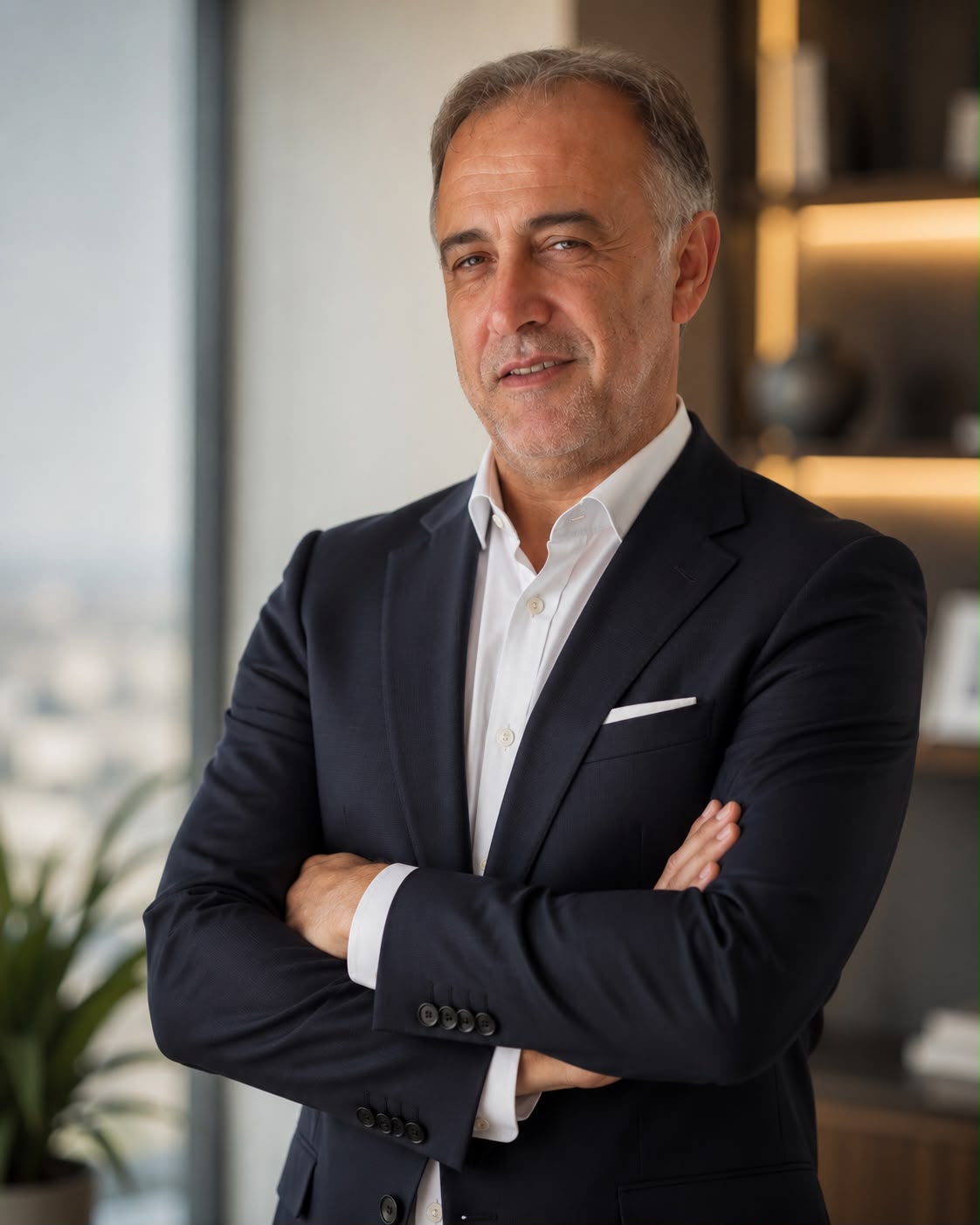 Smiling man in a dark suit and tie stands in a well-lit room, exuding confidence and professionalism. Background features blurred office decor.