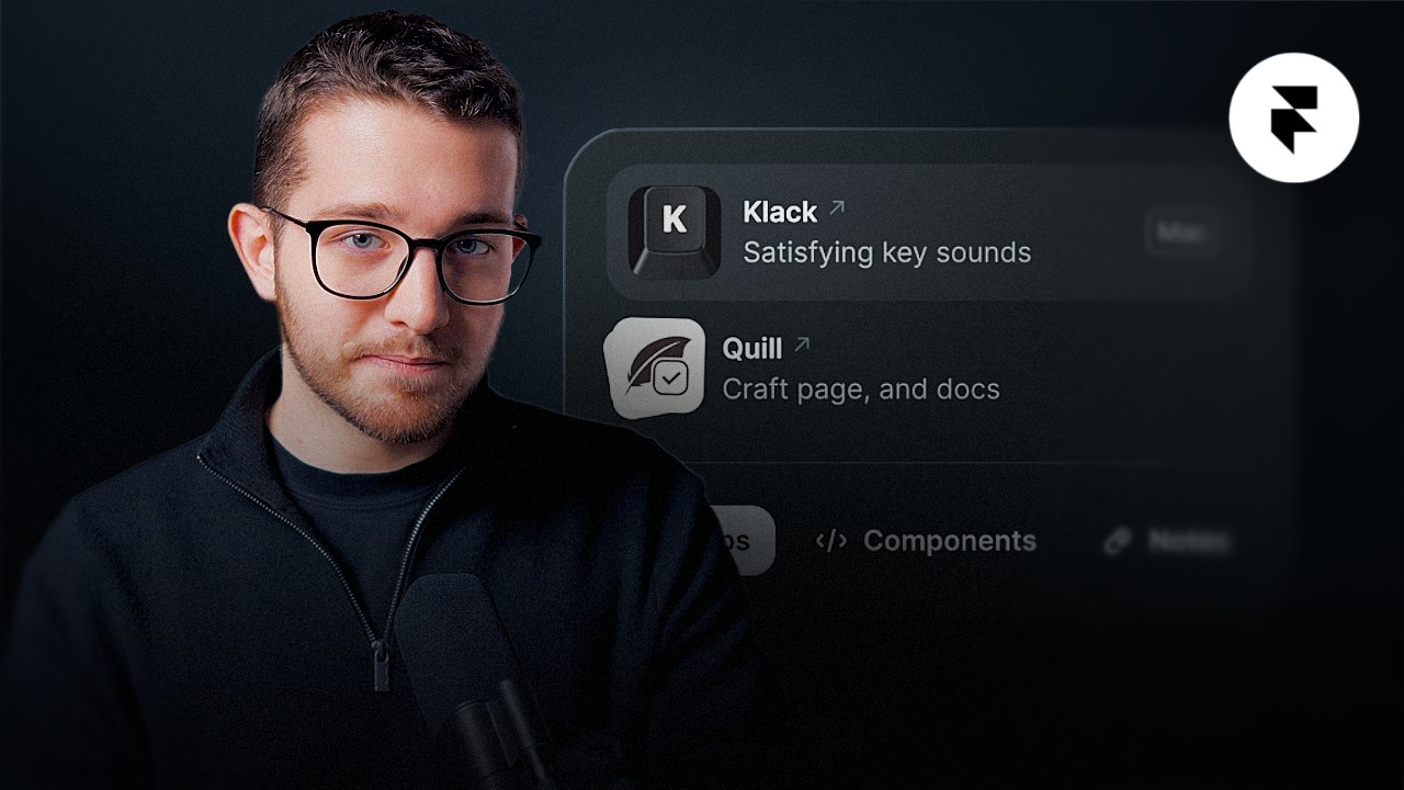 Man with glasses standing in front of a user interface showcasing 'Klack' and 'Quill' components