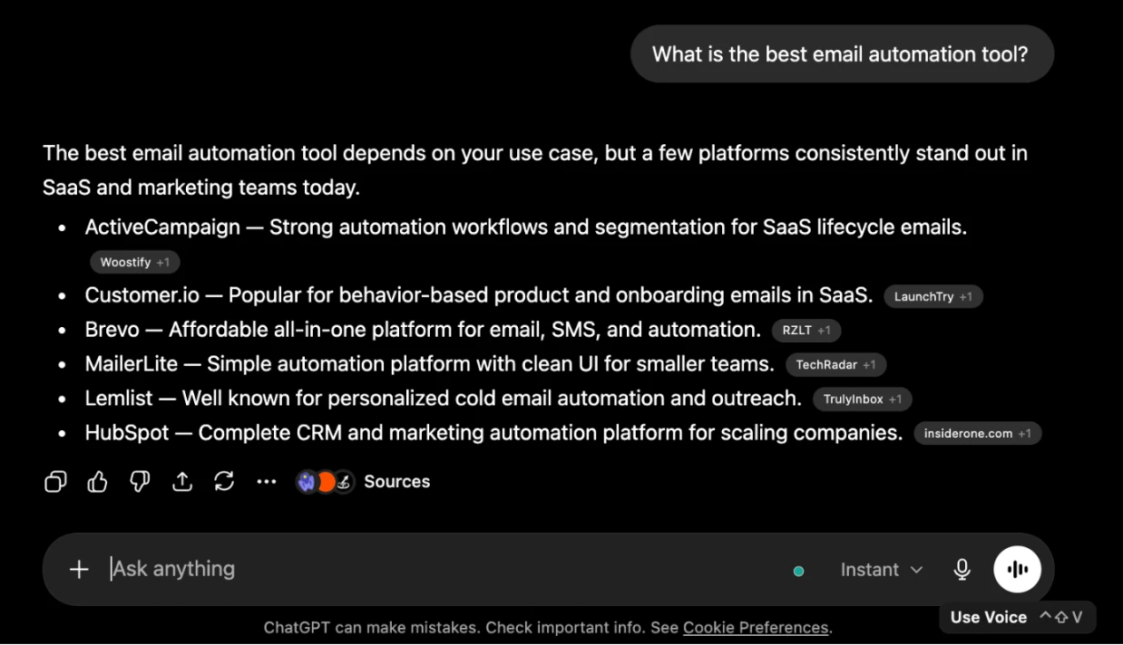 A ChatGPT Search result answering "What is the best email automation tool?" with a list of cited software including ActiveCampaign, Customer.io, and HubSpot, showing source citations for each recommendation.