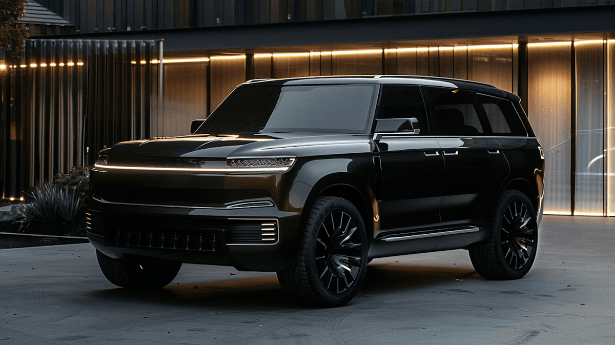 SUV mit glänzender schwarzer Folierung vor modernem Gebäude