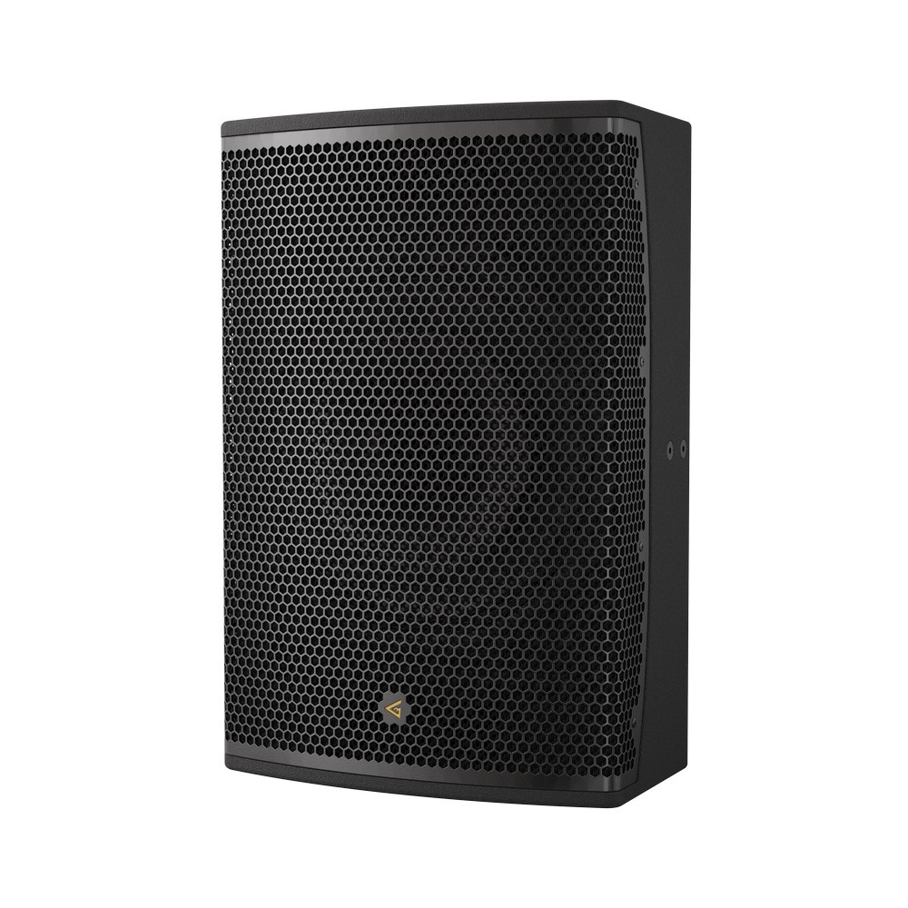 Black loudspeaker with honeycomb grill cover.