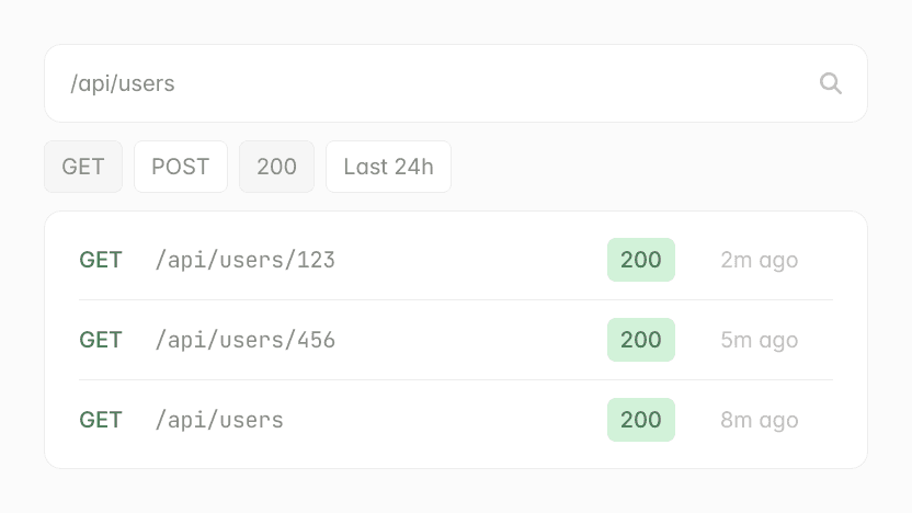 API request logs: GET requests to /api/users and specific user IDs with 200 status codes.