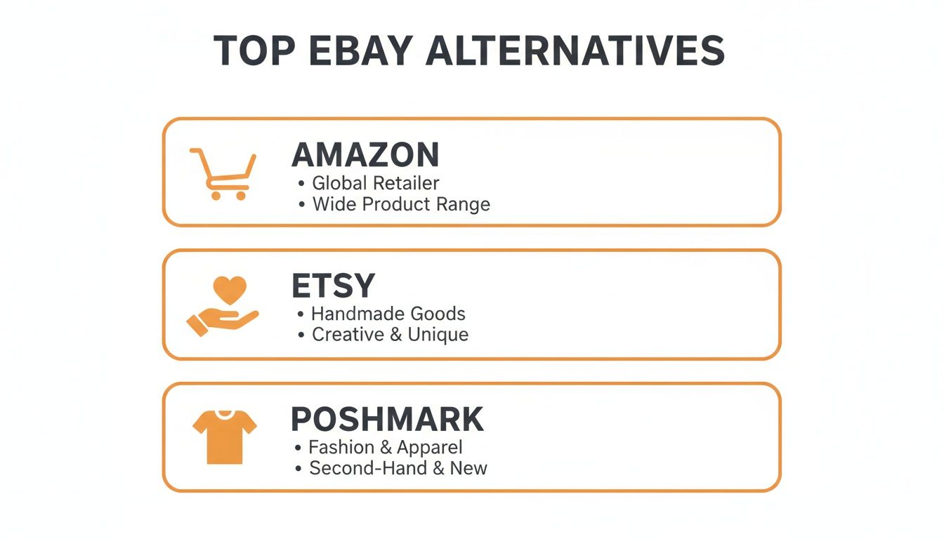 List of top eBay alternatives: Amazon for global retail, Etsy for handmade goods, and Poshmark for fashion.