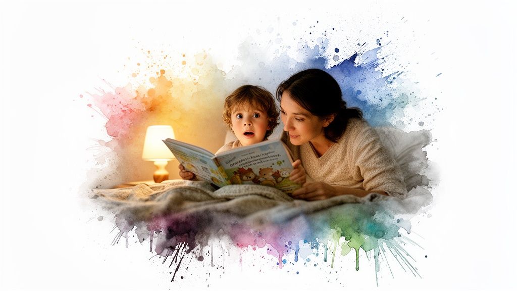 A mother and child share a captivating moment reading a bedtime storybook together, surrounded by colorful watercolor splashes.