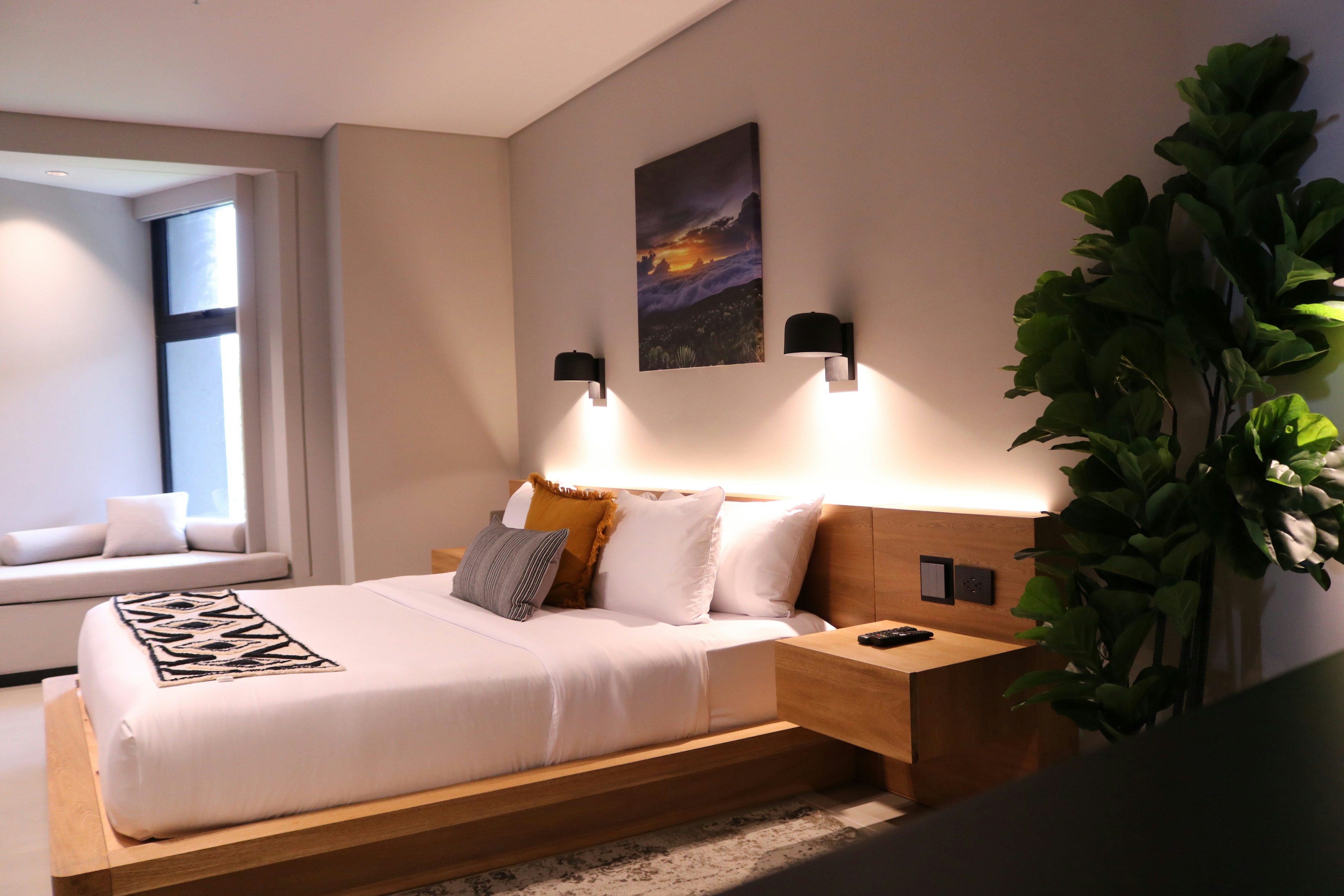 a bedroom with a bed and a plant in the corner